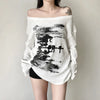 Ink-Wash Print Off-Shoulder Long Sleeve Top NS2282