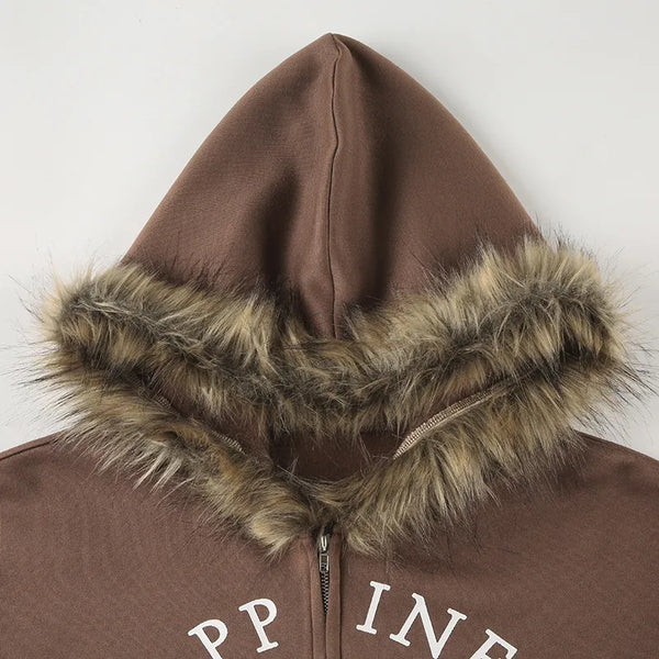 K-Fashion Fur Varsity Graphic Zip-Up Hoodie NS2298
